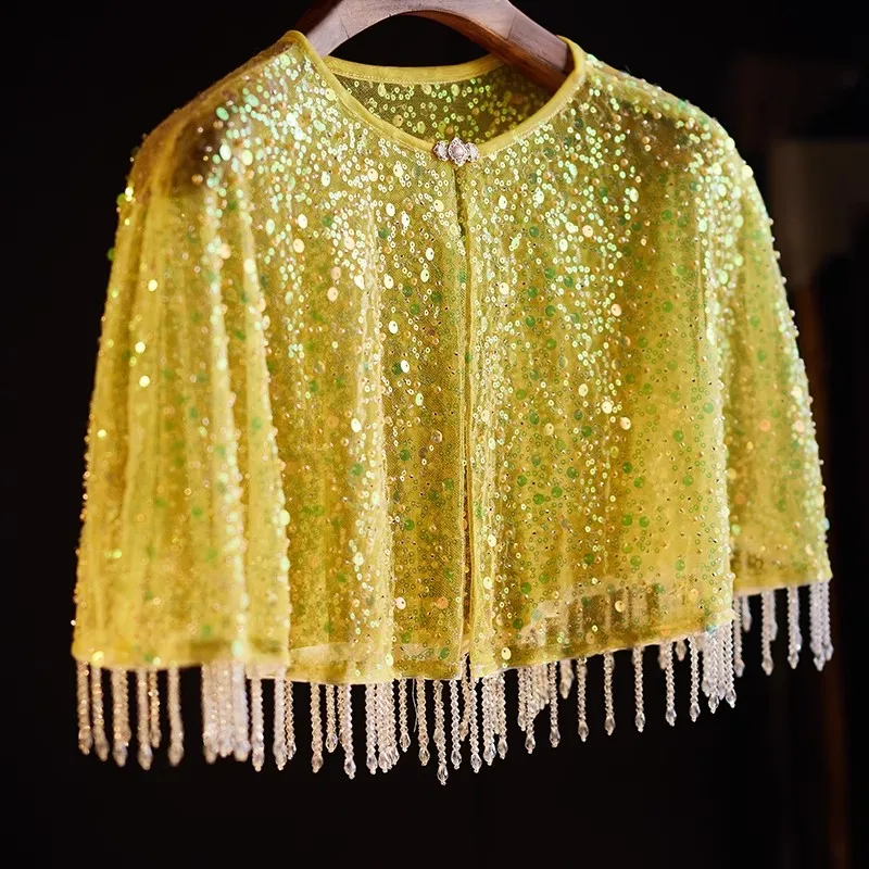 

Women's Spring Summer Vintage Sequins Lace Tassel Pashmina Female Chinese Style Show Party Shawl Cloak Collar R2747