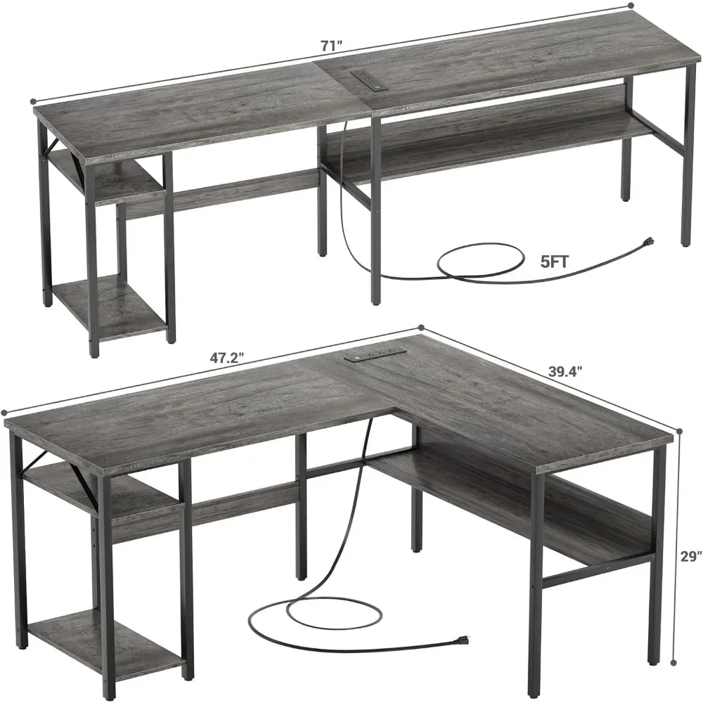 Double-sided L-shaped Gaming Desk With Power Outlet and USB Charging Port Modern Corner Desk Home Desk for Easy Assembly Reading