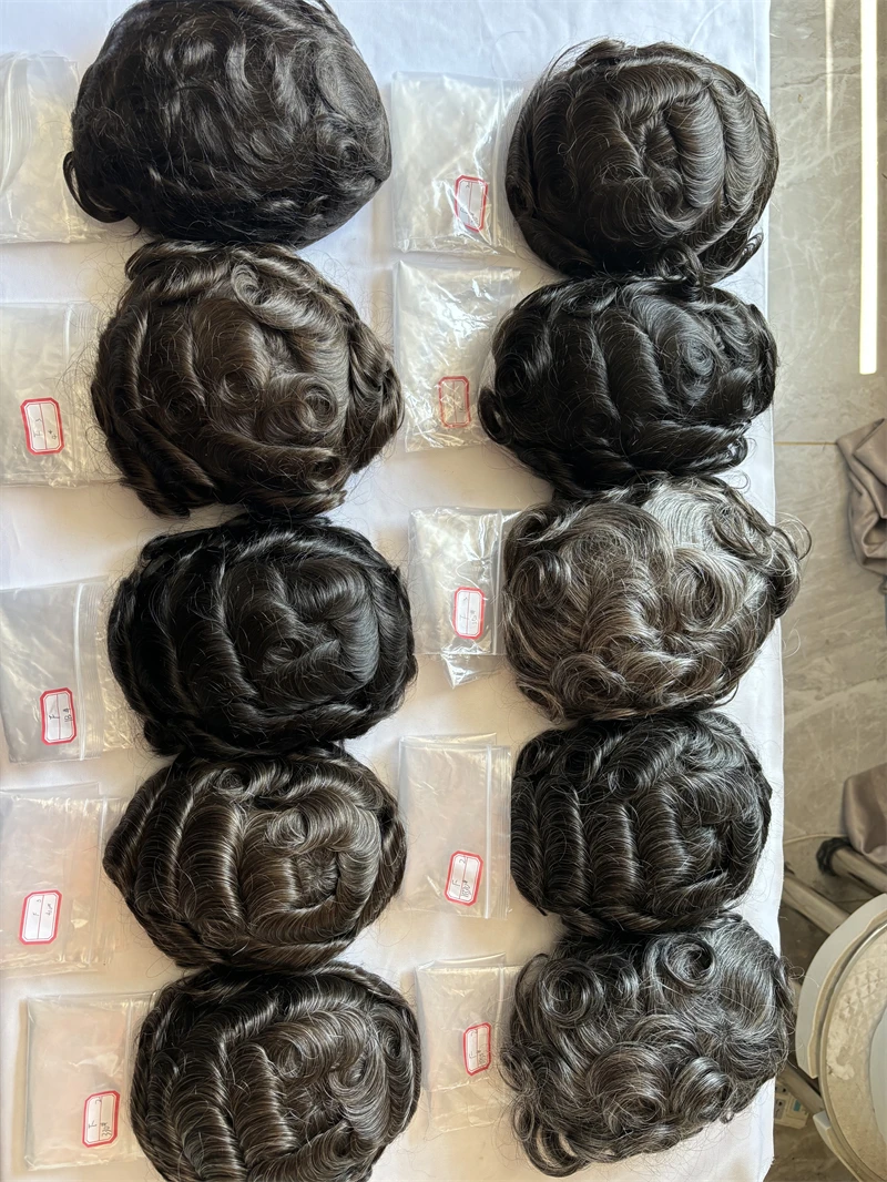 Wig dasar renda Mono halus pria tahan lama Wig asli stok garis rambut alami Sistem rambut manusia untuk pria 8x10 Toupee awet tak terlihat