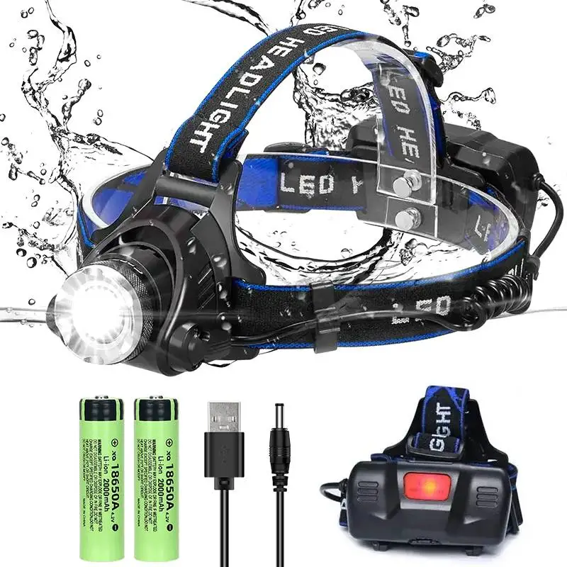 Powerful T6 Led Headlamp 3 Modes Headlight Zoom Head Lamp Flashlight Torch by 2x18650 battery USB Rechargeable Fishing Lantern