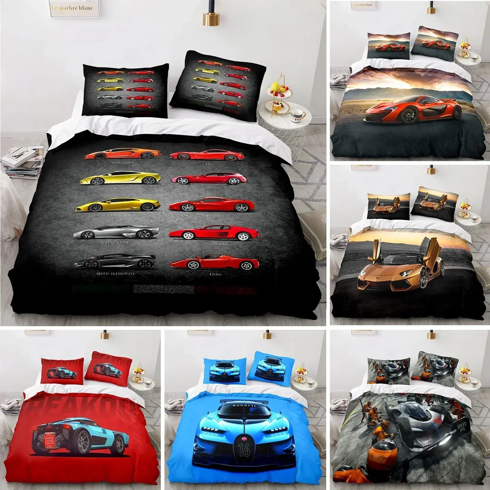 

Sports Car King Queen Duvet Cover Cool Colorful Supercar Pattern Bedding Set for Men Adult Race Car 3D Polyester Quilt Cover