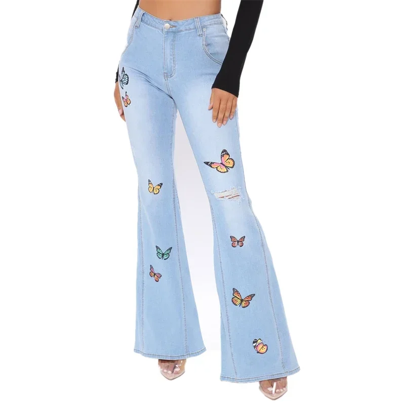 2023 New Arrival High Waist Slim Jeans Pantalones Women Fashion Butterfly Perforated Stretch Cotton Denim Wide Leg Flare Pants