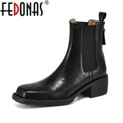 FEDONAS New Arrival Women Ankle Boots Genuine Leather Thick High Heeled Back Zipper Warm Motorcycle Boots Square Toe Short Boots