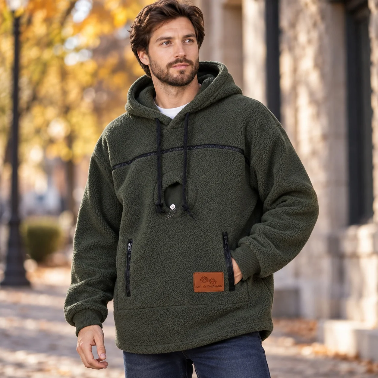 Loose Fit Hooded Mid Length Streetwear Hoodie with Thick Colorblock Long Sleeve Edgy Street U Neck Men Hoodies and Sweatshirts