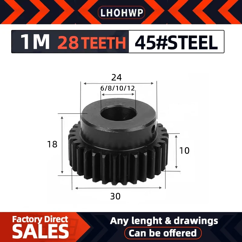 

1 шт. 1 модуль, 28 зубьев, внутреннее отверстие цилиндрической шестерни 6/8/10/12 мм 45 # Стальная крупная шестерня