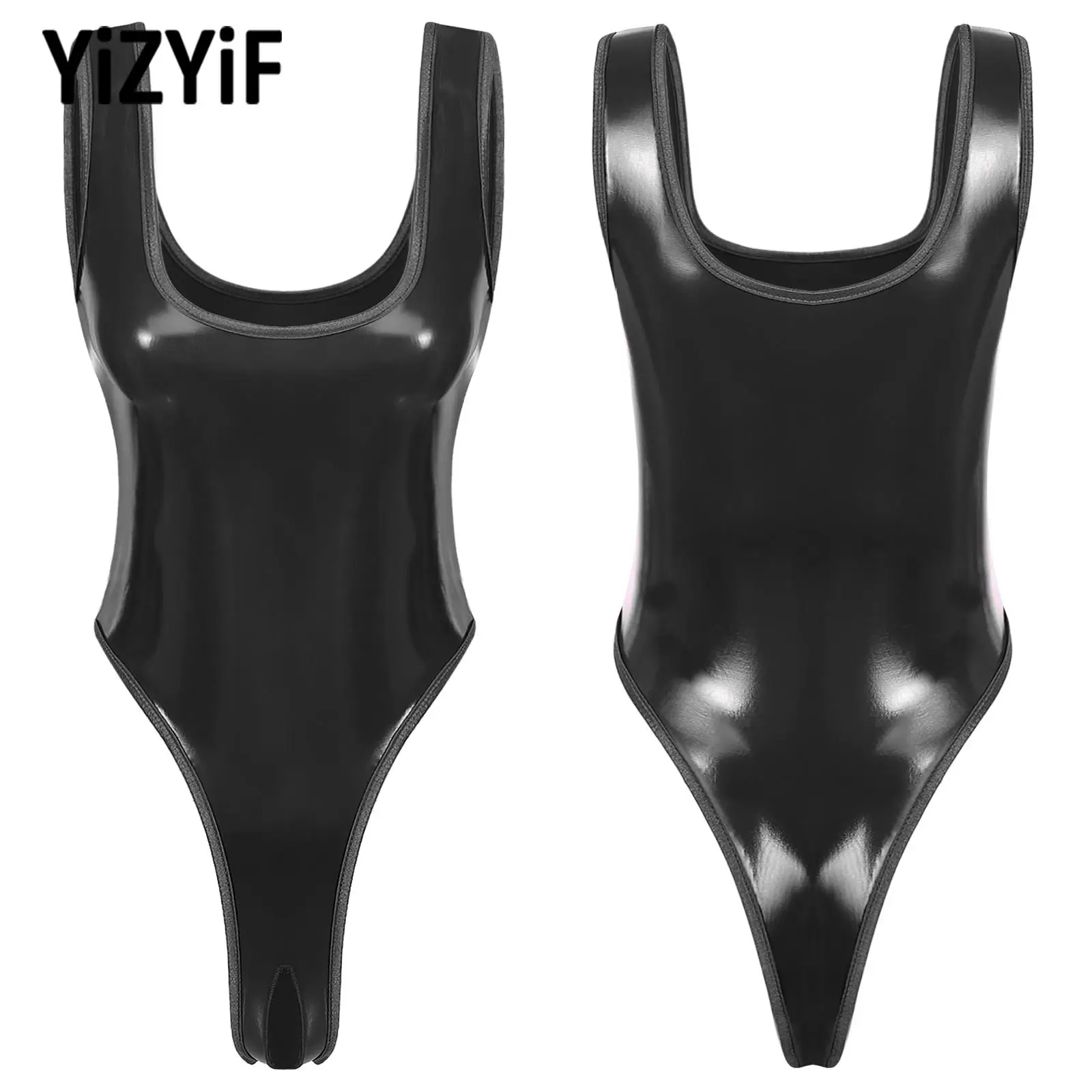 Women Sexy Bodysuit One Piece Swimming Swimwear Wet Look Patent Leather Bodysuits Backless High Cut Crotchless Catsuit Jumpsuit