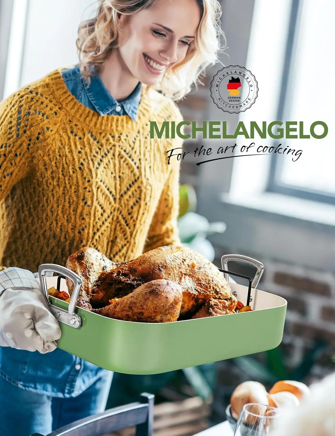 

Michelangelo Roasting Pan 15 x 13 x 3” Roasting Pan with Rack - Non-Stick Ceramic Coated - Non Toxic,Tray with Wire Rack,griddle
