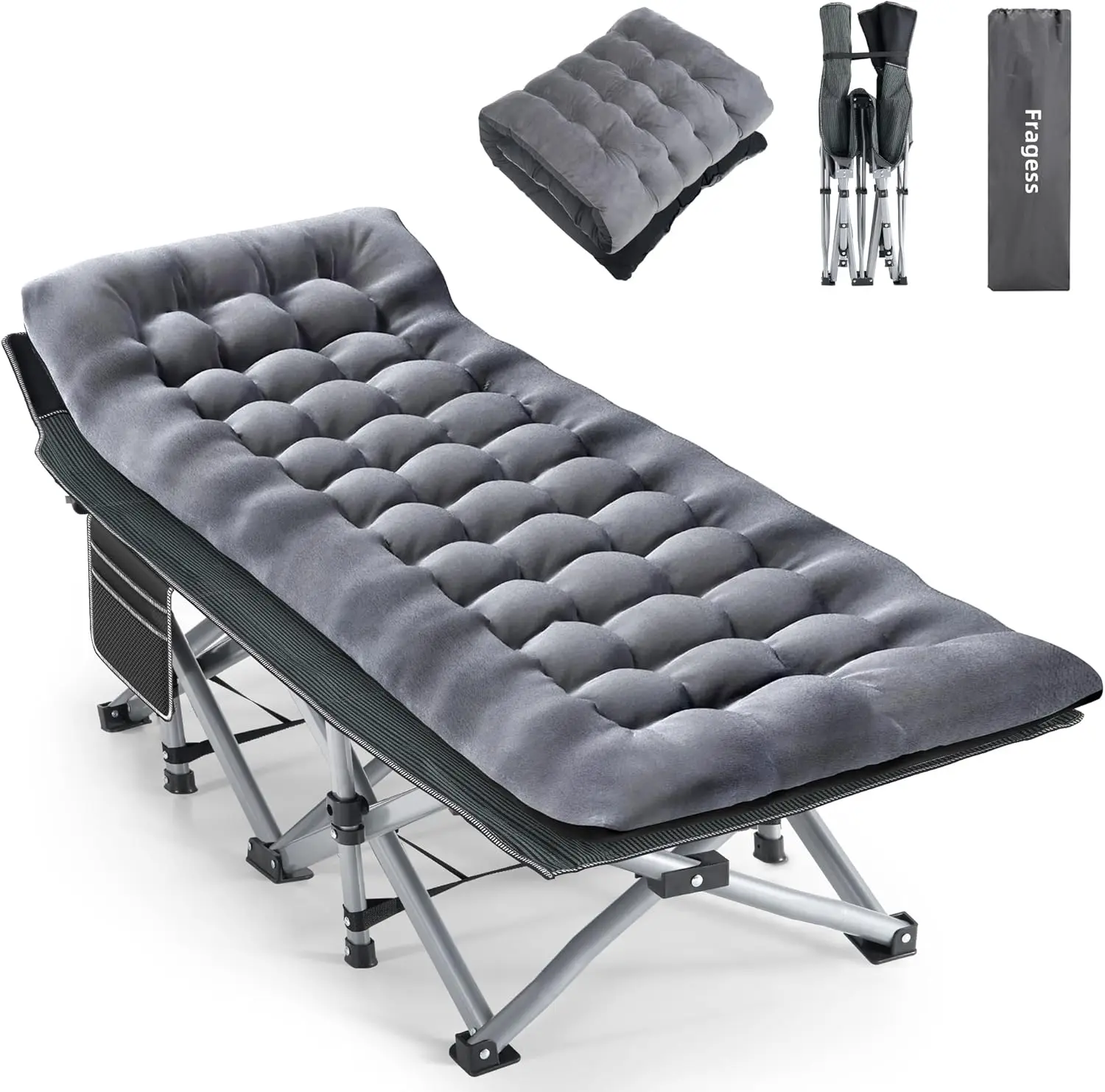 

Portable Camping Cot with Mattress, Pillow & Bag, 1200D Oxford, Supports 600 LBS - Grey/Black