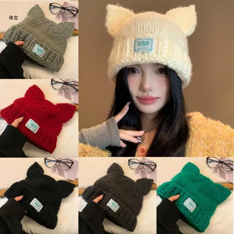 

X5QE Cats Ears Knitted Hat Warm Winter Crochet Hat Women Knitted Hat Windproof Snow Hat for Girl Snow Skiing Cycling Hat