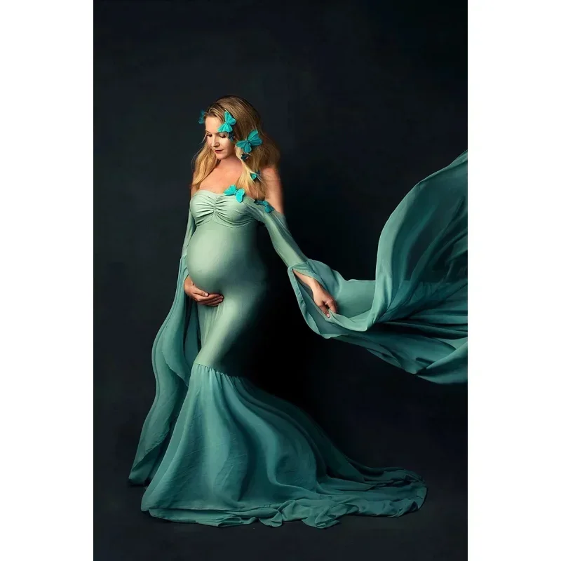 Vestido de ombro sem peça para gestantes, vestido de emenda, adereços fotográficos de maternidade, moda elegante