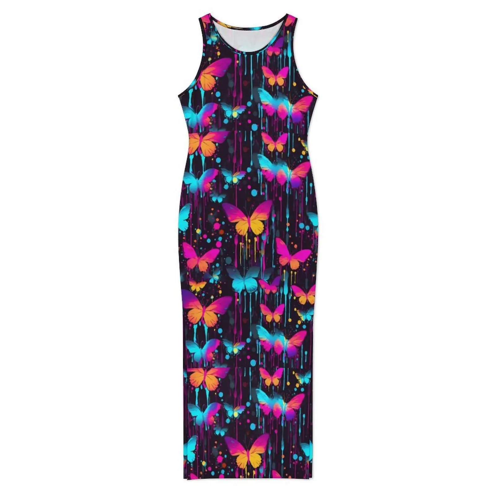 Women Bodycon Dress Retro Butterfly Maxi Dresses Spring Pink and Orange Splash Sleeveless Street Fashion Graphic Dress 3XL 4XL