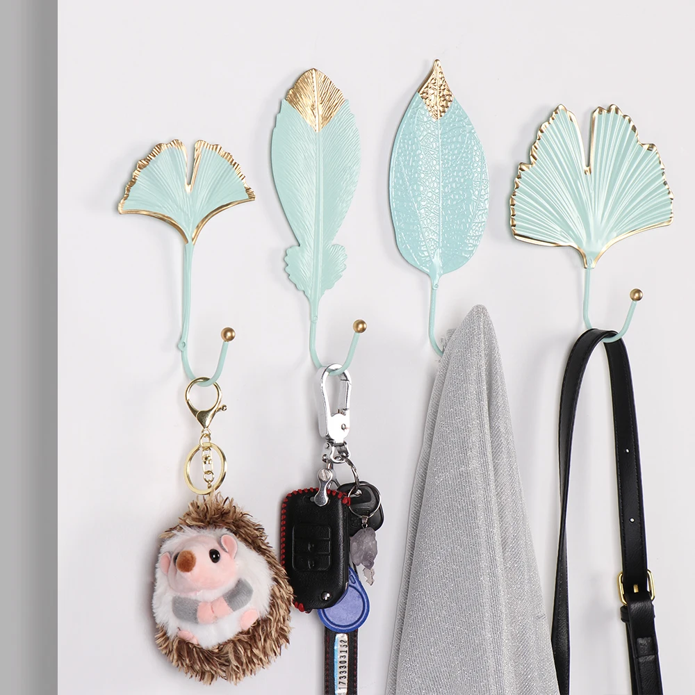 Nordic Style Wrought Iron Hook Leaf Shape Hanging Storage Rack Wall Hanger Home Decoration Bathroom Organization Green/Golden