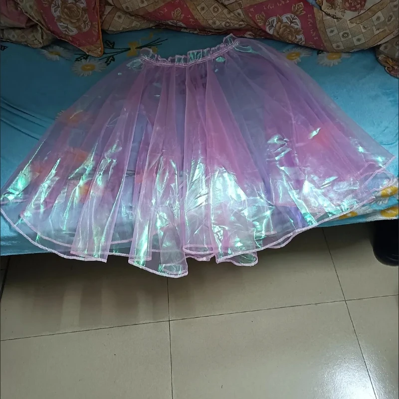 

Man See Through Laser Hologram A Line Sheer Skirts Women Sissy Elastic Waist Live Show Dance Costume Fetish Gift