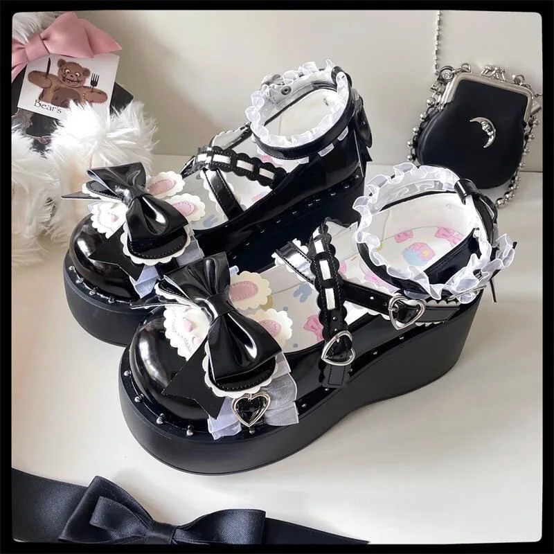 Retro Punk Gothic Platform Girls Lolita Shoes Hip Hop Kawaii Landmine High Heels Sponge Increase Height Mary Jane Leather Shoes