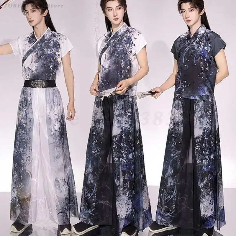 Men Improved Hanfu Costume Ink Wash Print Cross Collar Short Sleeve Top Wide Leg Chiffon Pants Traditional Chinese Style Outfit