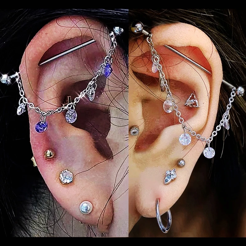 

Crystal Chain Ear Industrial Piercing Barbell Earrings Cartilage Jewelry Helix Pierc Stainless Steel Body Piercing 14G Gauge