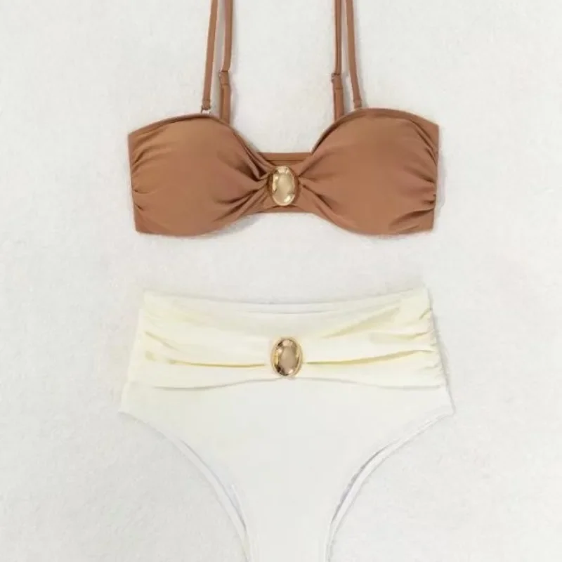 

New Sexy High Waist Bandeau Bikini 2025 Women Swimwear Female Swimsuit Two Pieces Tummy Control Bikini Set Bathing Suit Beach
