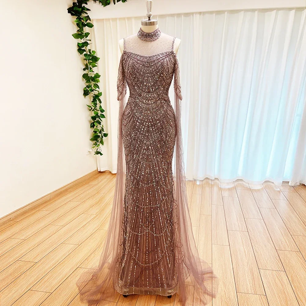 Customized Elegant Mermaid Evening Dress With Cape Sleeves 2024 For Women Beads Pearls High Neck Long Formal Prom Wedding Party