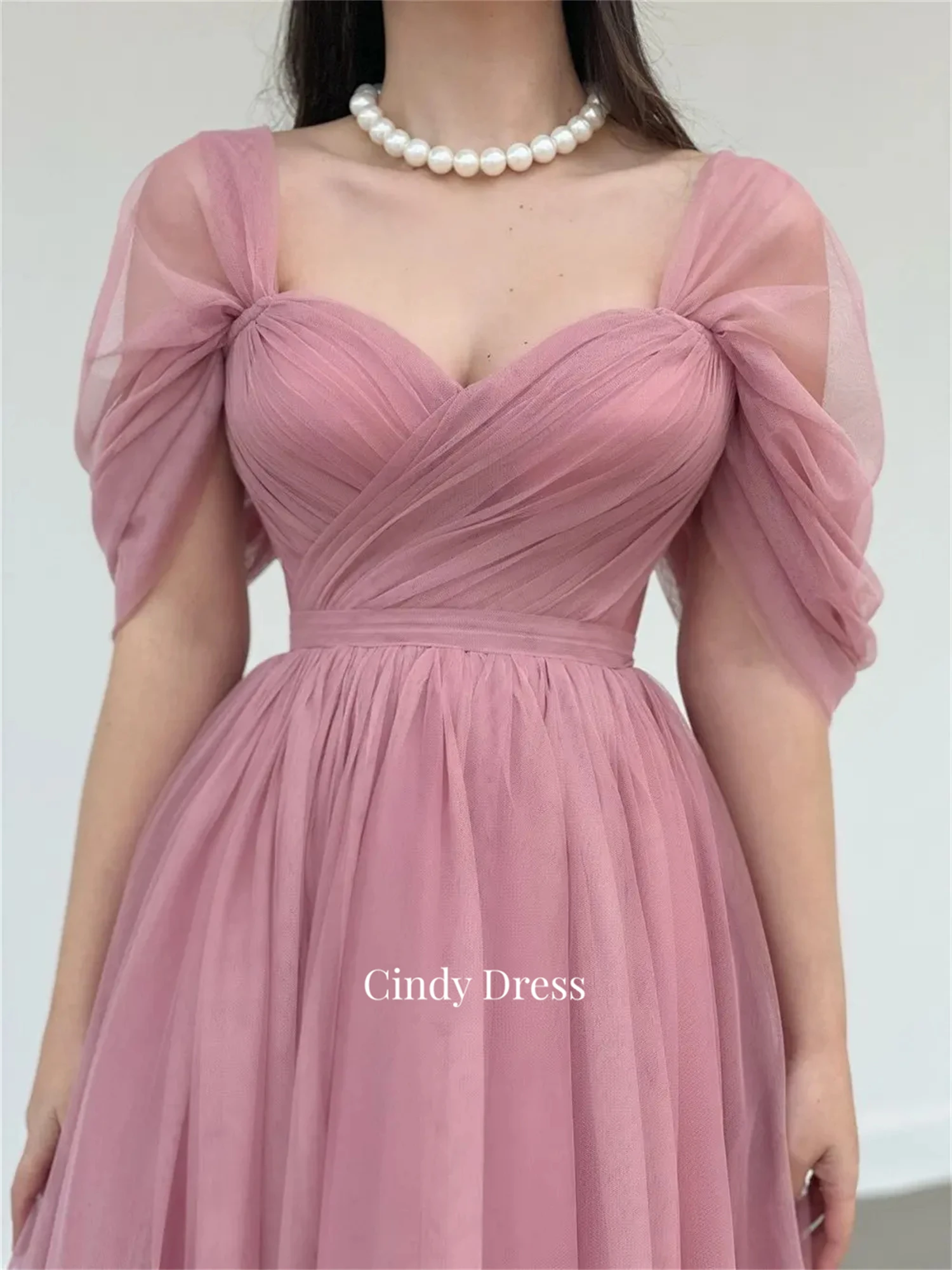 Cindy.Elegant Short Pink Tulle Evening Gown A Line Off Shoulder Tea Length Prom Dress for Women