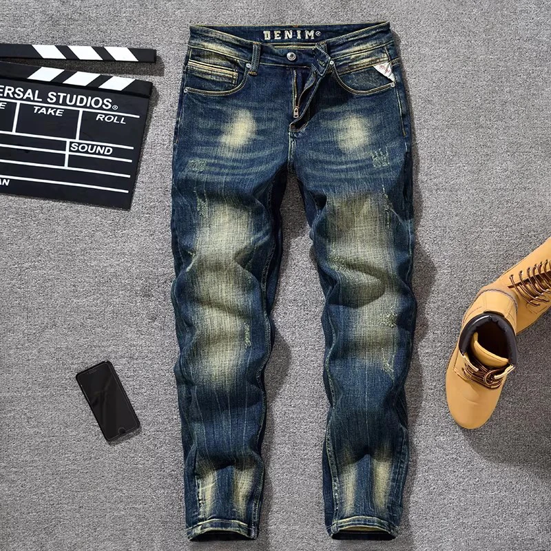 Fashionable new men's jeans stretch slim fit nostalgic stretch slim fit retro blue jeans Italian pants hombre