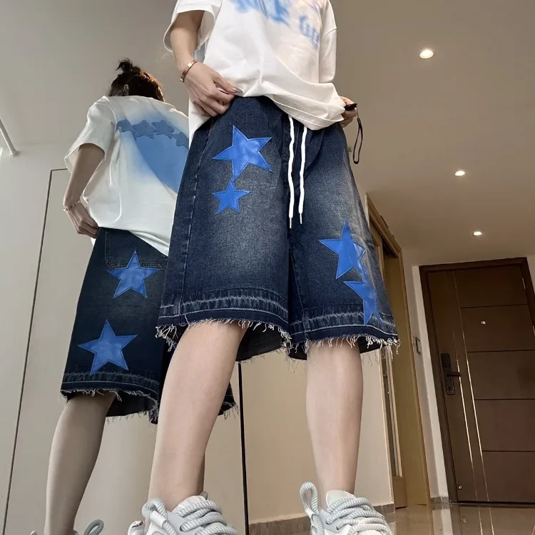 American Style Star Patch Embroidered Jeans Vintage High Waist Denim Shorts For Women 2025 Summer New Five-point Pants