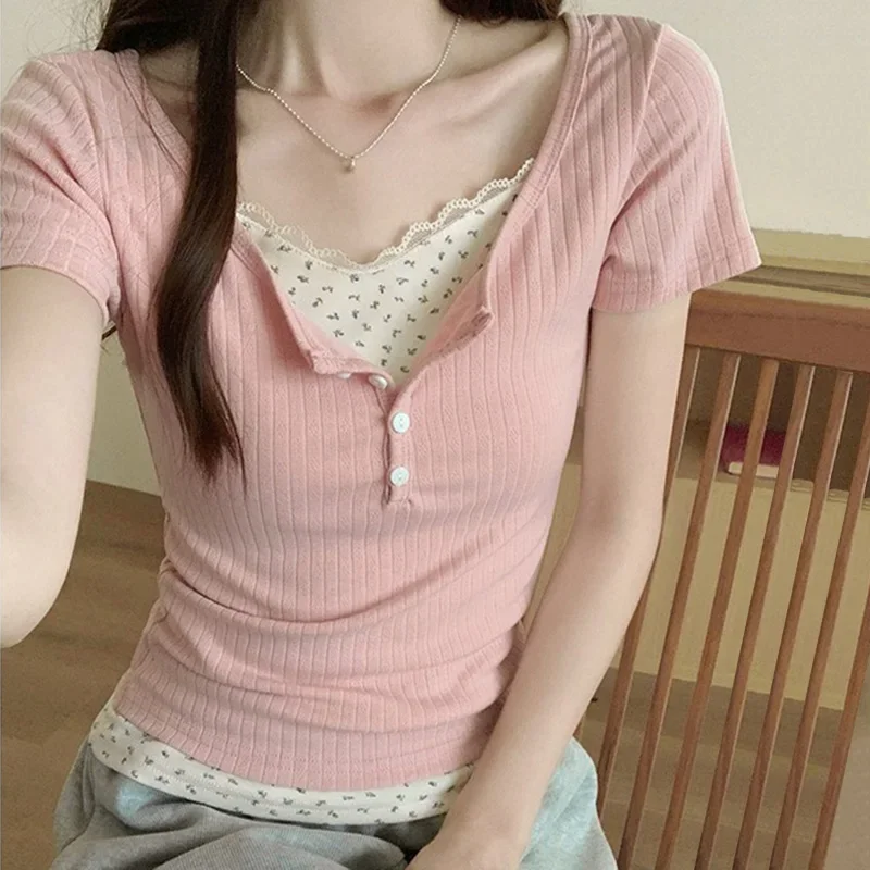 

Women Soft Floral Lace Summer Blouse Lady Sweet Button Slim Fit 2025 Spliced Tops Female Seaside Designer Short sleeved T-shirt