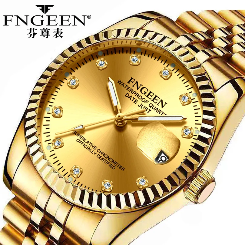 Fngeen Koppel Luxe Gouden Klok Met Diamanten Vrouwen Kalenderdatum Rond Quartz Waterdichte Horloges Relogio Feminino