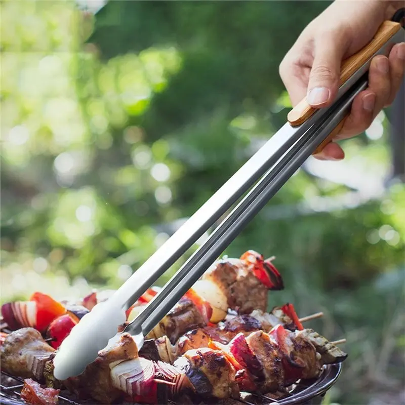 ABFU-Leeseph Stainless Steel Food Tongs Heavy Duty Kitchen Tongs With Wooden Handle For Cooking, Grilling And BBQ
