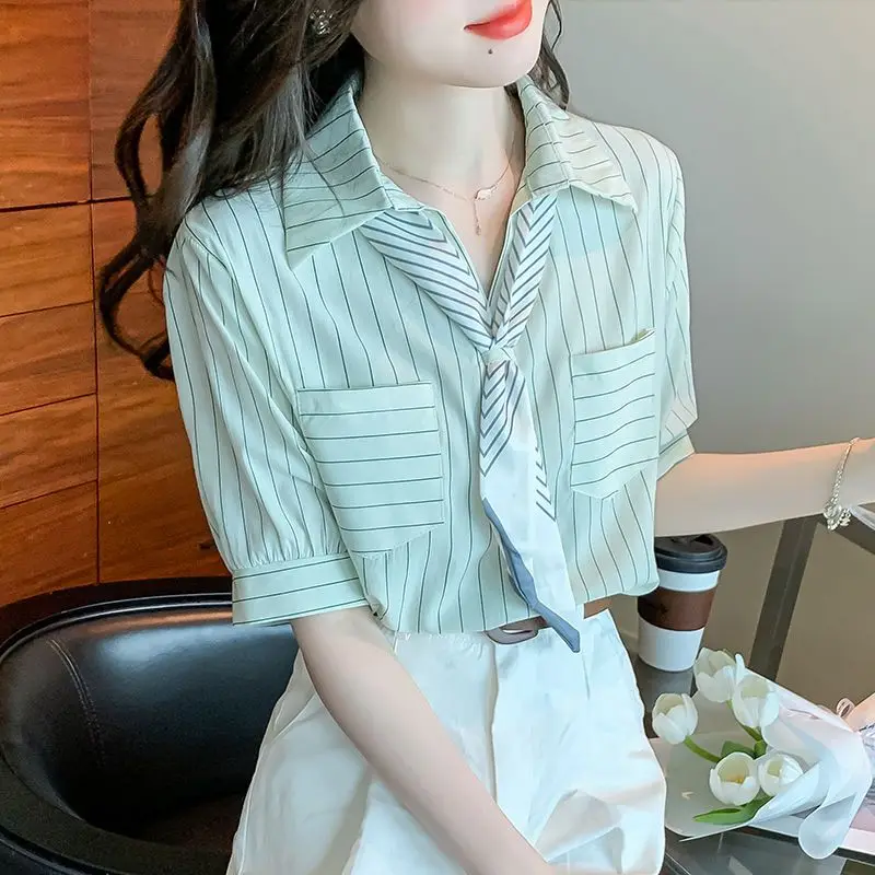 Neues Sommer-Top mit Polokragen-Design für Damen, gestreiftes Hemd, kleiner Duftstil, Revers, kurze Ärmel