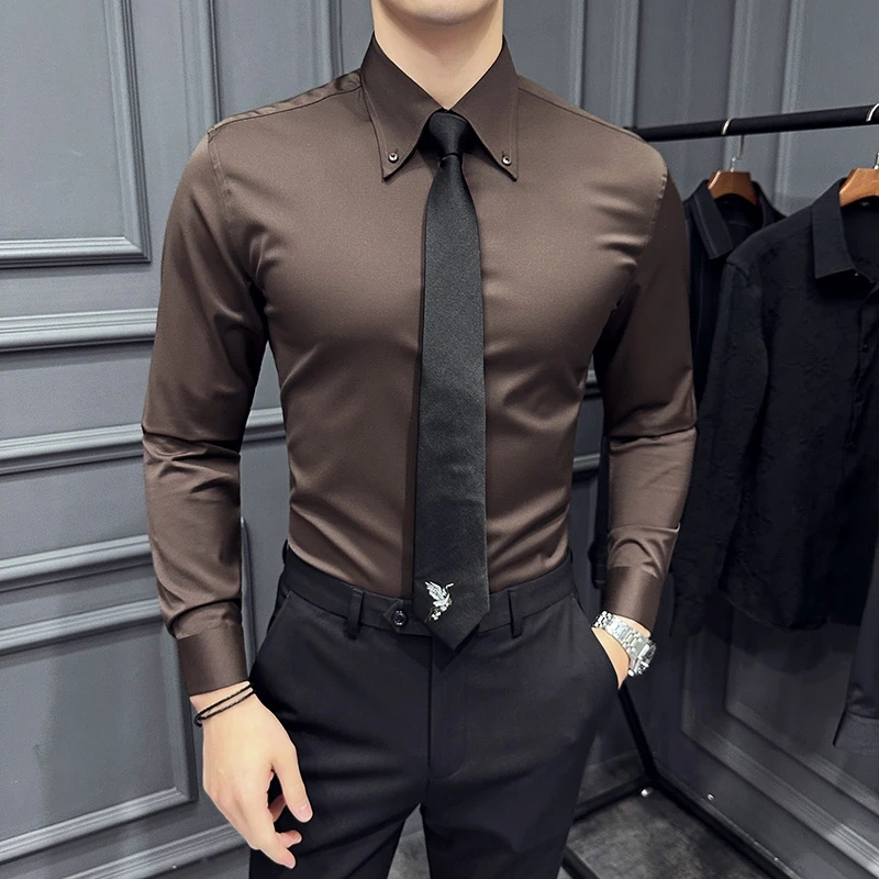 High Quality Lapel Collar Shirt for Men Solid Color Casual Business Dress Shirts Office Social Uniform Shirt Men Clothing 2024