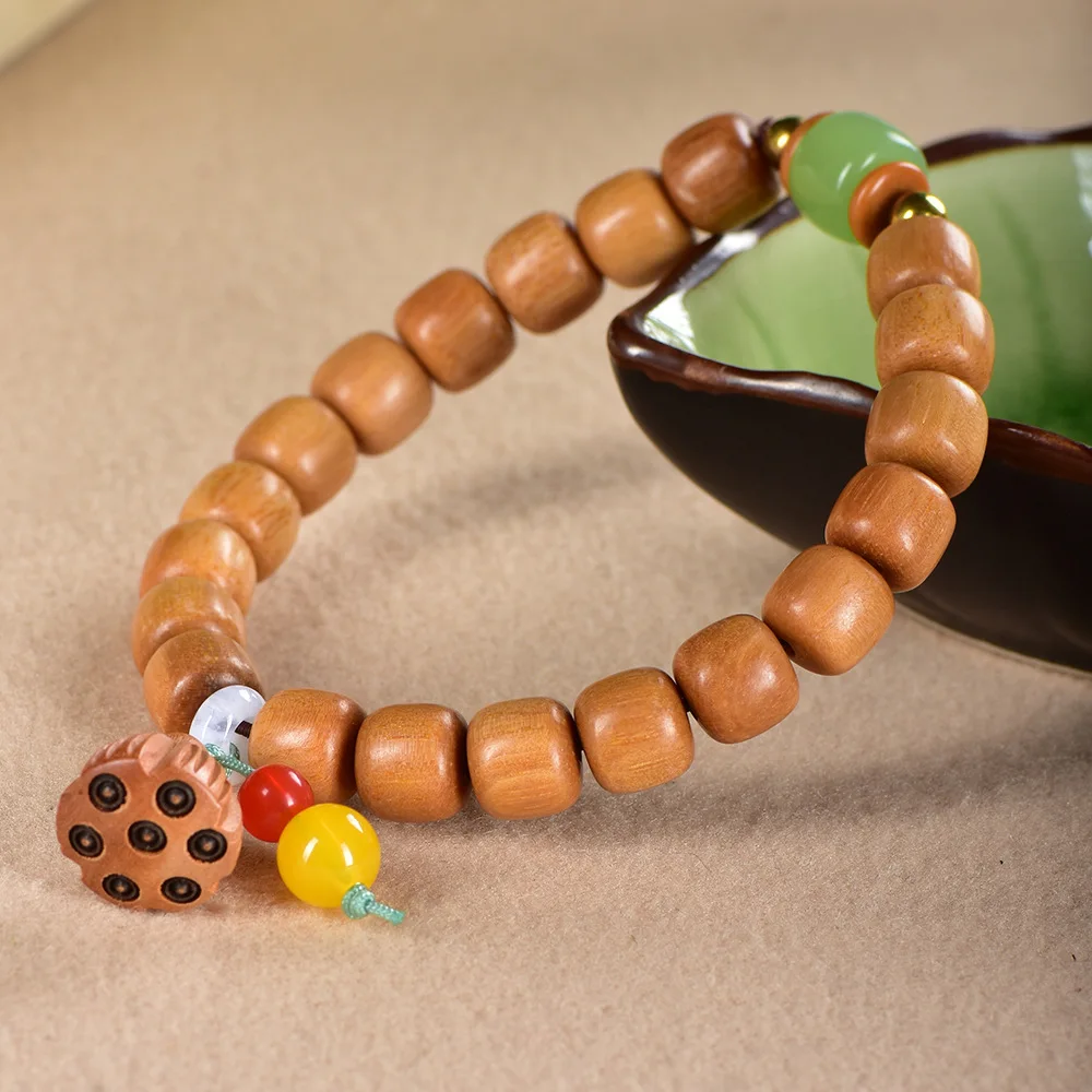 

Natural Green Sandalwood Vintage Single-Circle Bracelet with Lucky Lotus Pod Charms, Ethnic Style Unisex Gift