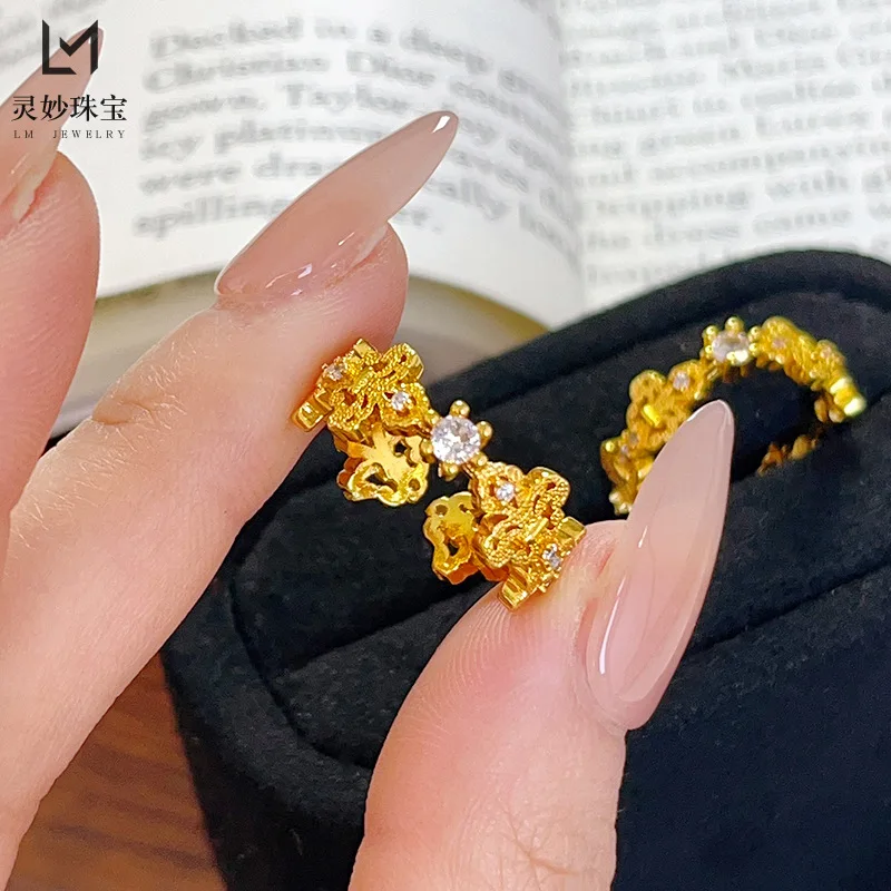 

Роскошные ювелирные изделия из настоящего золота 9999 24 карата, полое кольцо в горошек с бриллиантом и и ирисом, открытое кольцо в стиле ретро, темпераментный подарок для подруги