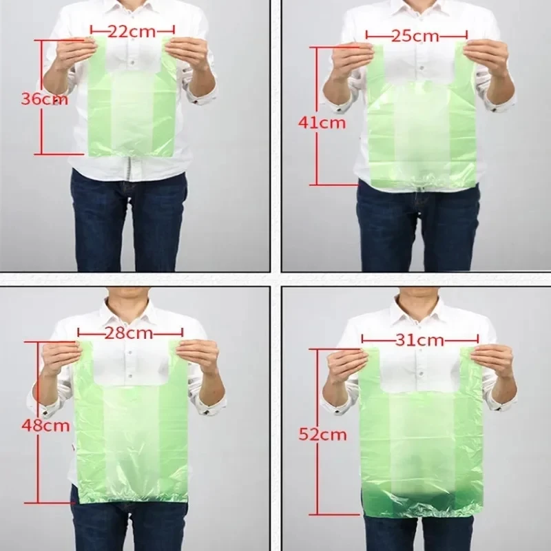 ถุงพลาสติกสีเขียว3ขนาด100ชิ้นถุงช้อปปิ้งของขวัญซูเปอร์มาร์เก็ตร้านขายของชำหนาพร้อมที่จับกระเป๋าเสื้อกั๊กตะกร้าที่เก็บเครื่องครัว