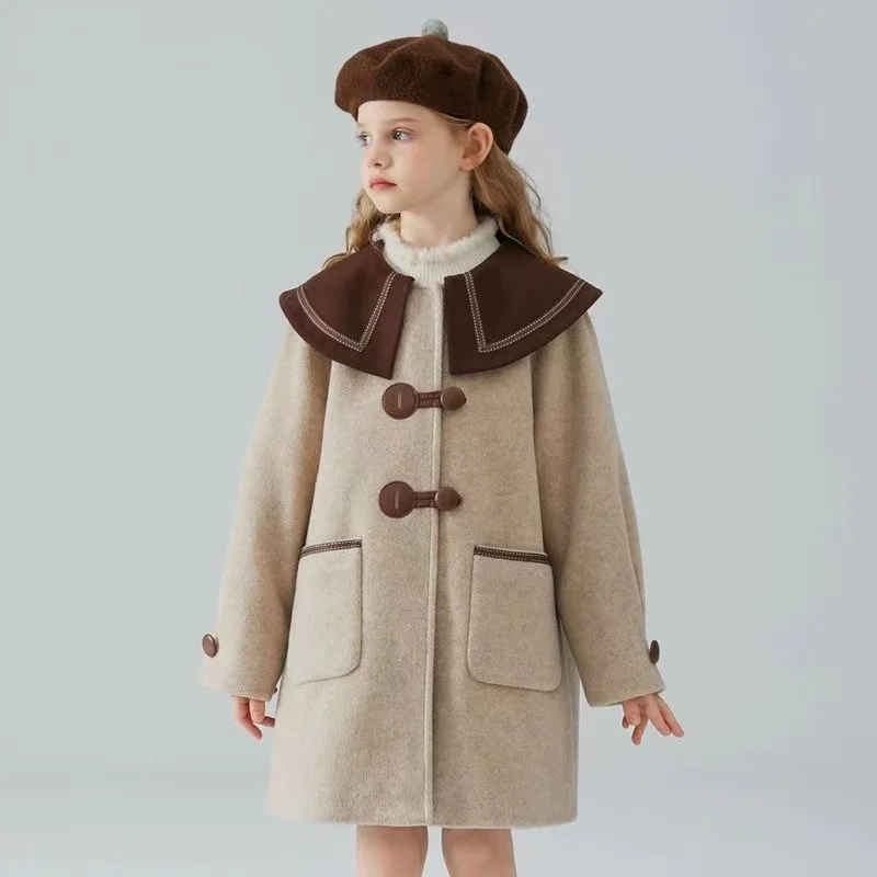 

5-12 Year Kids Girls Woolen Coat Loose College style Autumn and Winter Children's Thick Cotton Jacket For Warmth 120-160CM