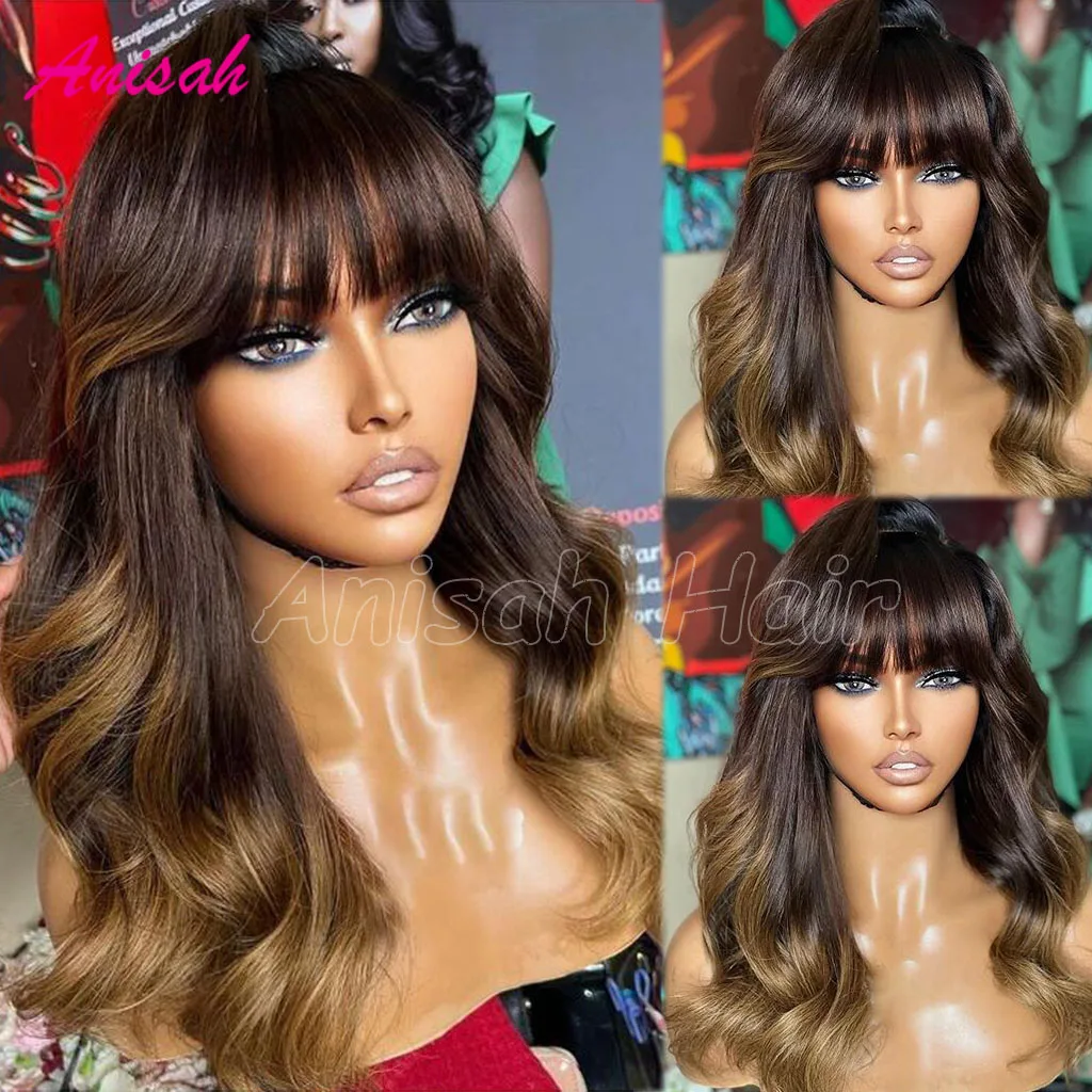 

Brazilian Ombre Colored Human Hair Wigs With Bangs For Black Women Body Wave Wig 13x4 Remy Human Hair Lace Front Wigs