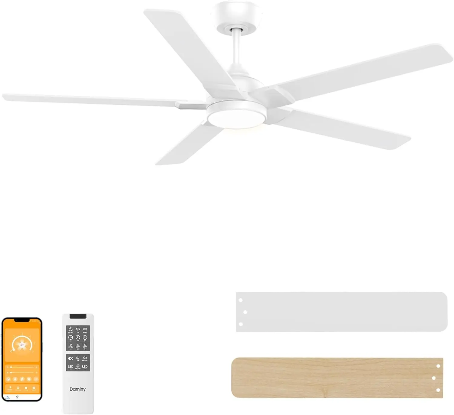 

52-Inch White Low Profile Ceiling Fan with Light, 5 Reversible Blades, 6 Color Temperature Options, Remote Control, Suitable for Bedroom, Kitchen, Living Room, Indoor and Outdoor Use, Includes Downrod