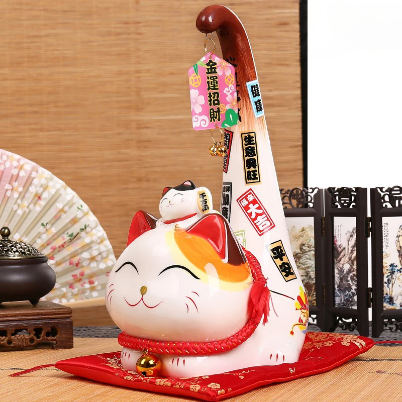 Japanese Style Maneki Neko Ceramic Lucky Cat with Long Tail Fortune Cat Feng Shui Statue Tabletop Ornament Home Decoration