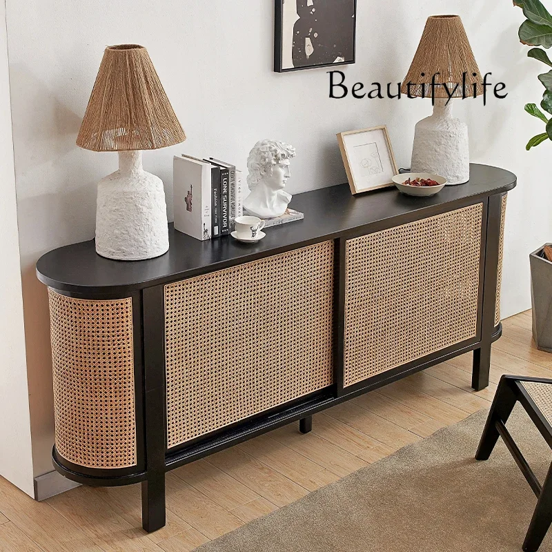 Uu Retro Side Cabinet Solid Wood French Entrance Cabinet Medieval Black Log Rattan Tea Bucket Cabinet Household