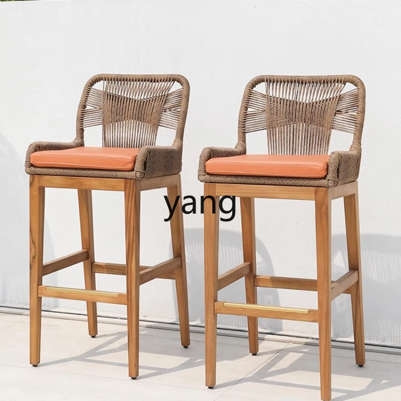 

LH Solid Wood Bar Rattan Island Dining Chair Household Log Homestay Outdoor Teak High Chair