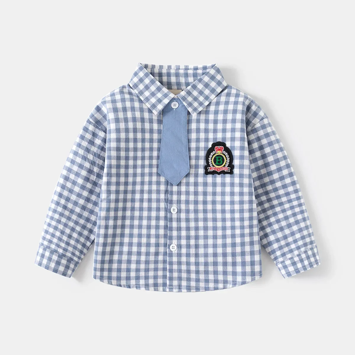 New 2024 Boys Spring Autumn Fashion Plaid Embroidery Shirts Tops Kids Casual Long Sleeve Lapel Necktie Shirt Children Clothing