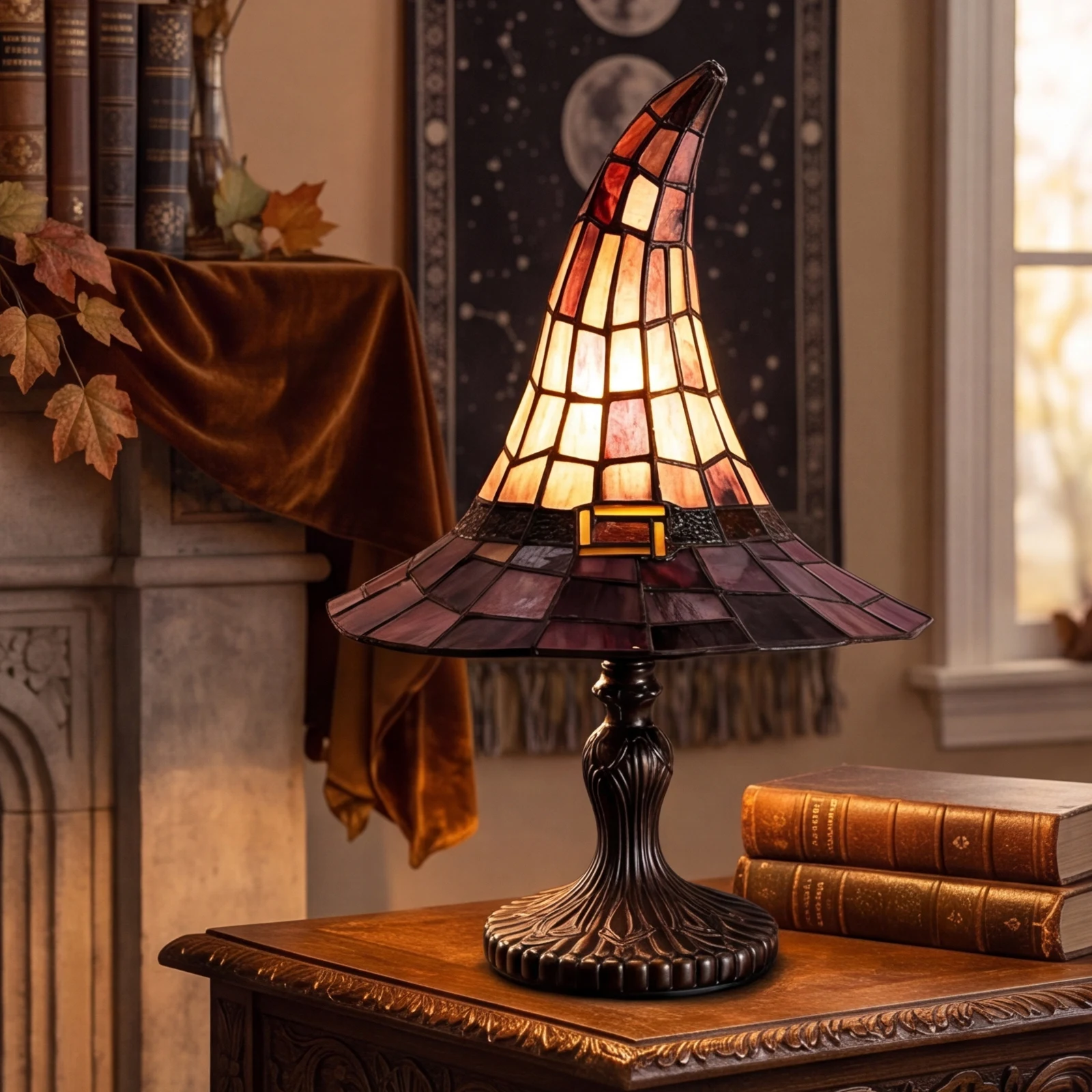 Resin Stained Glass Witch Hat Lamp USB Powered Gothic Wizard Hats Night Light Creative Table Lamps for Bedroom & Bookshelf