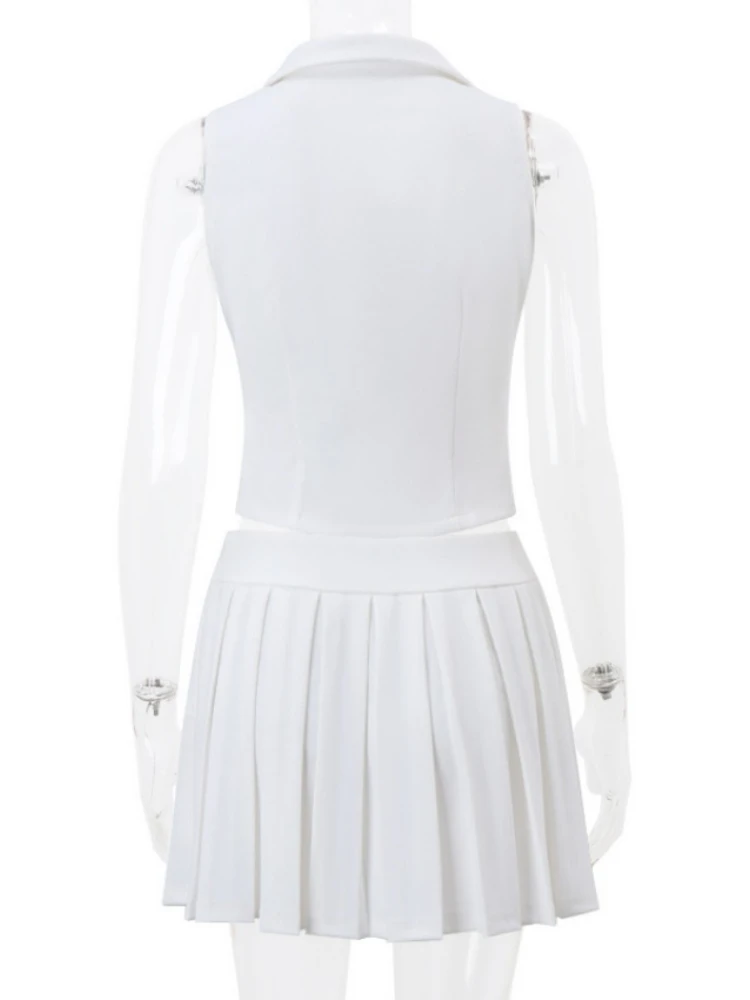 Elegant Single-breasted Vest Skirt Suit 2024 Summer White Button Deep V-neck Sleeveless Top Mini Pleated Skirt Female Suit