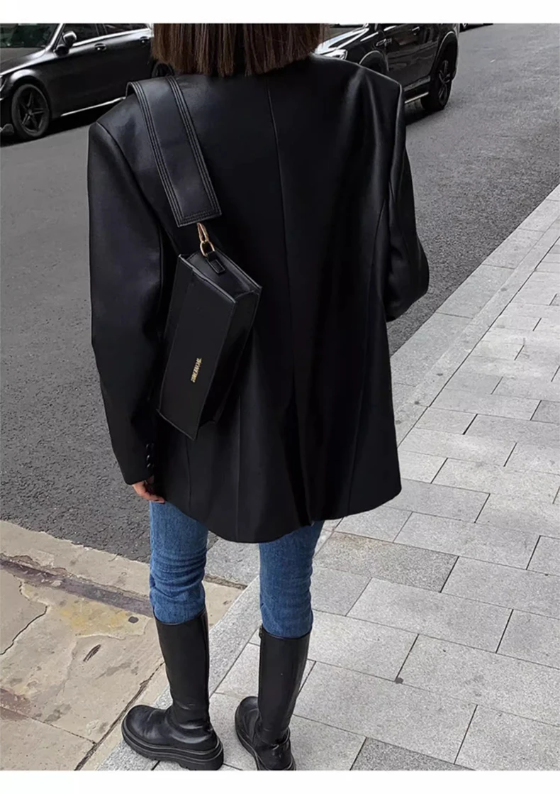 Lautaro Autumn Black Brown Soft  Pu Leather Blazer Women Shoulder Pads Long Sleeve Single Breasted Loose Casual Korean Fashion