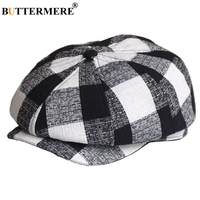 BUTTERMERE Newsboy Cap Men Women Linen Octagonal Cap British Black White Plaid Beret Hat Spring Summer Male Female Flat Cap