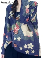 Amax luluE 2024 Winter Women Vintage Print Design Cardigans European Style Ladies Loose Casual Elegant Sweaters V-Neck Clothes