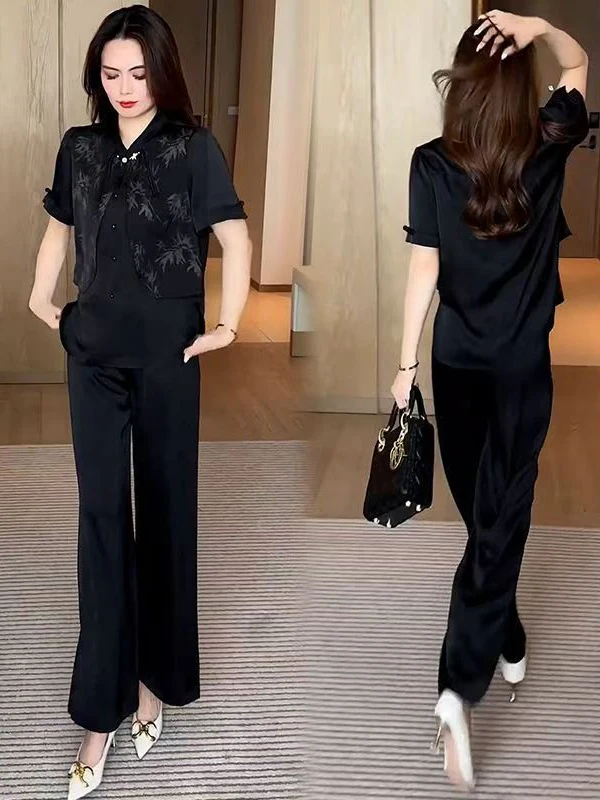

New Chinese Style High End Casual Women's Summer Fashion Slimming Two Piece Set Young Trendy Stylish Polyester Fiber round Neck
