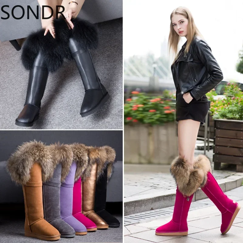 Womens Winter Snow Warm Fur Lining Real Fox Fur Trim Real Leather Knee High Boots Thick 12Colors Flats Shoes Australia New 2024