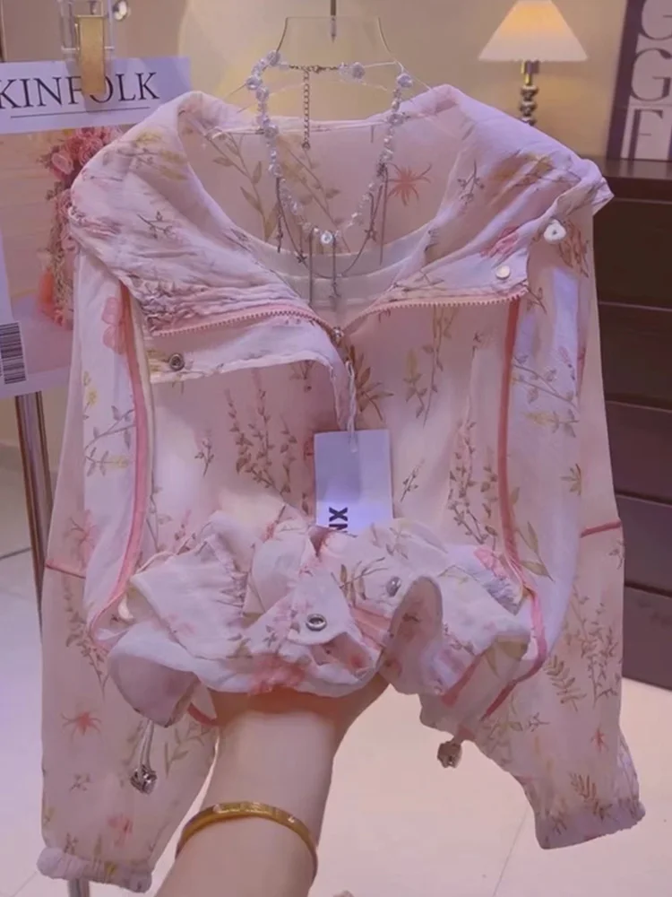 

Floral Print Women's Summer New Loose Faion Lightweight UV Protection Coat Hat Jaet Casual Busin Sle Long Sve