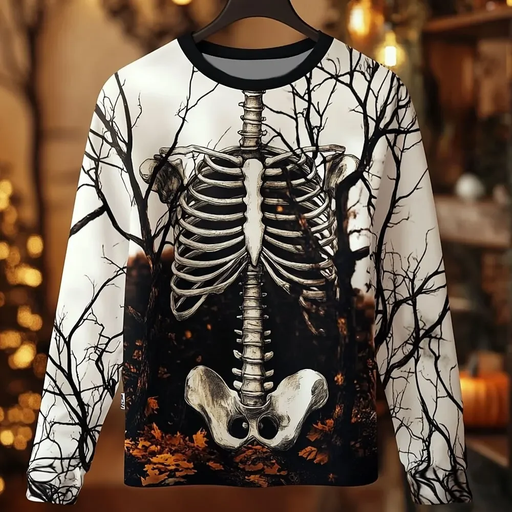 Camiseta de manga estampada de esqueleto de Halloween para hombres 2025، camiseta de fiesta de haoween، otoño e invierno #4