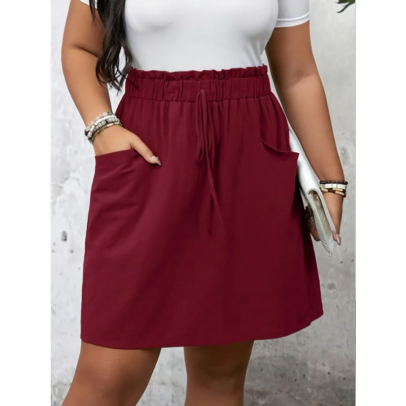 

Women's Burgundy Elastic Belt Casual Skirt - Drawstring Belt Double Pocket Design, Spring and Summer Elegant Series